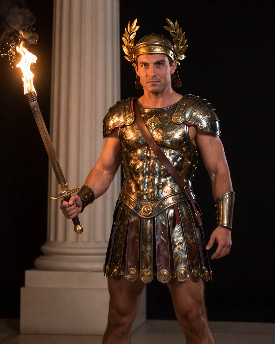 R&ouml;mischer Gladiator mit goldenem Lorbeerkranz und Schwert vor obsidian-schwarzem Hintergrund als Markenbild des Legiano Casino