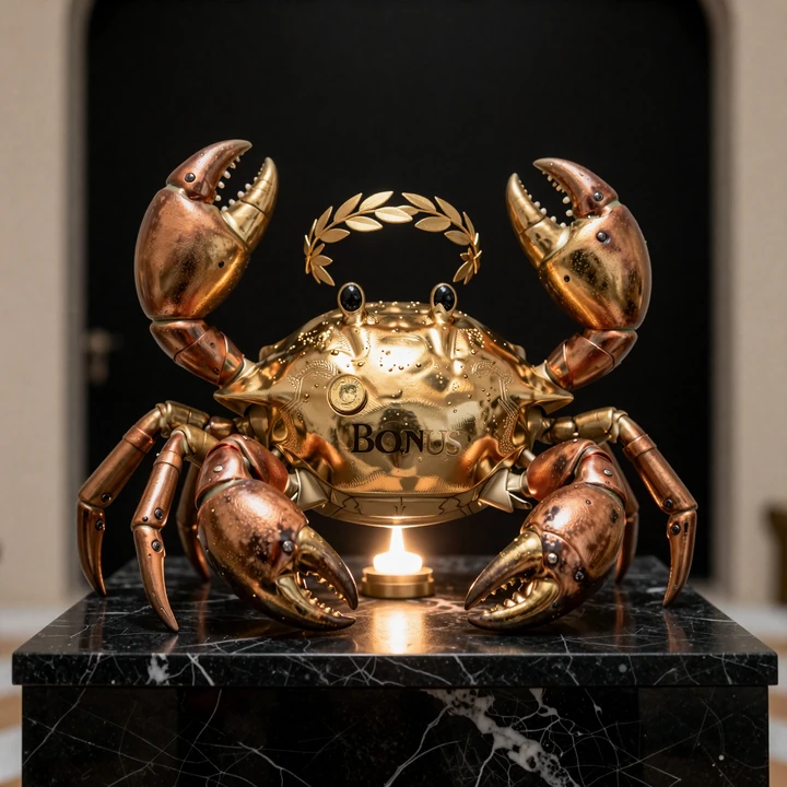 Bonus Crab Maskottchen: goldener Krebs mit Lorbeerkranz und M&uuml;nze als Symbol der Legiano Casino Bonusfunktion